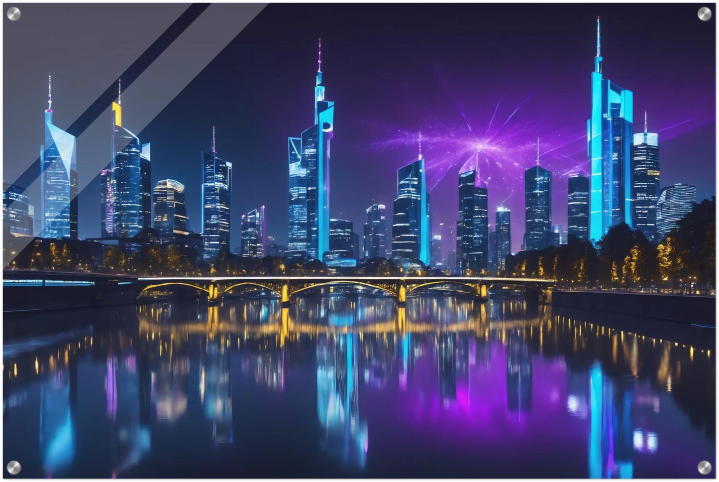 Modernes Wandbild der Frankfurter Skyline bei Nacht mit beleuchteten Wolkenkratzern und violetten Lichteffekten am Himmel. 60x90 cm. Acryl