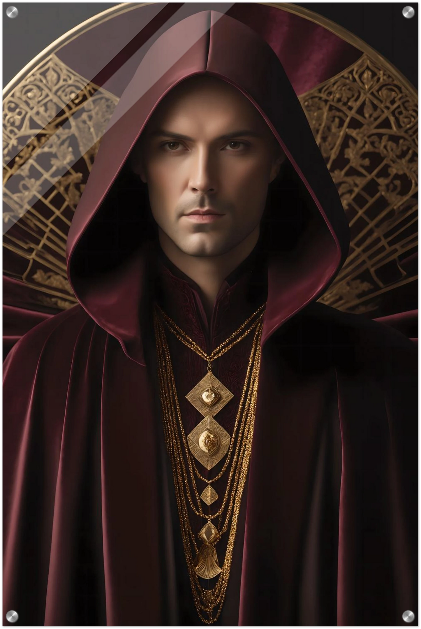 Digitales Kunstwerk einer männlichen Gestalt mit purpurner Kapuze, goldenen Ketten und kunstvollem Hintergrund. 60x90 cm. Acryl