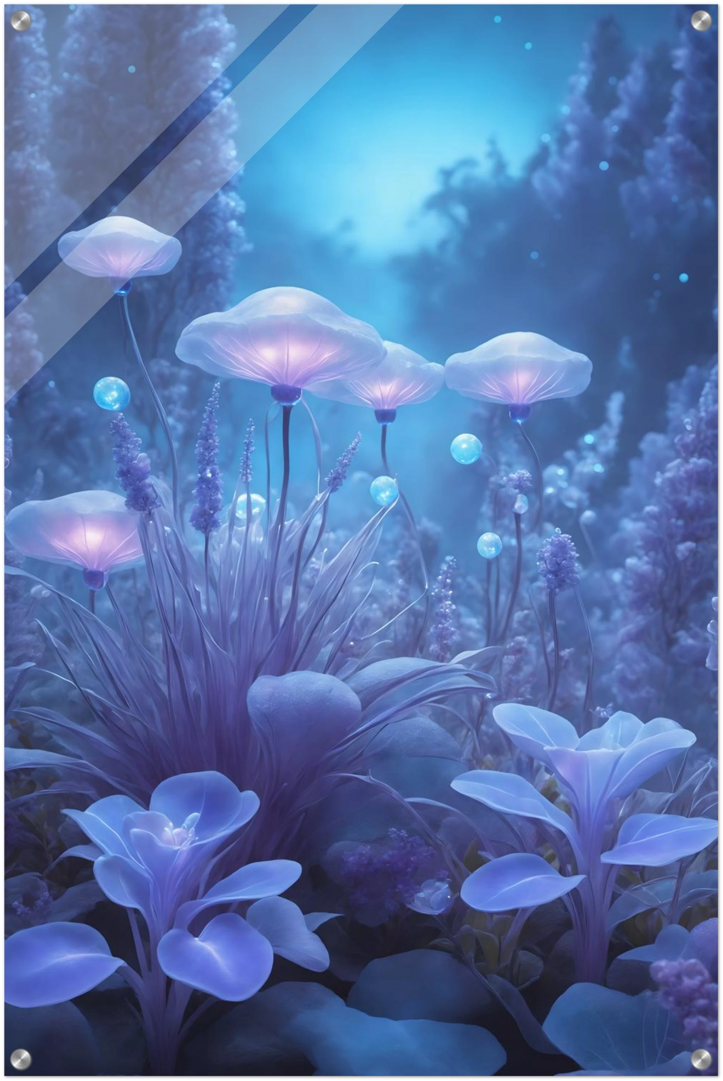 Digitales Kunstwerk einer fantastischen Waldlandschaft mit biolumineszenten, blau leuchtenden Pilzen und Blumen in sanftem Licht. 60x90 cm. Acryl