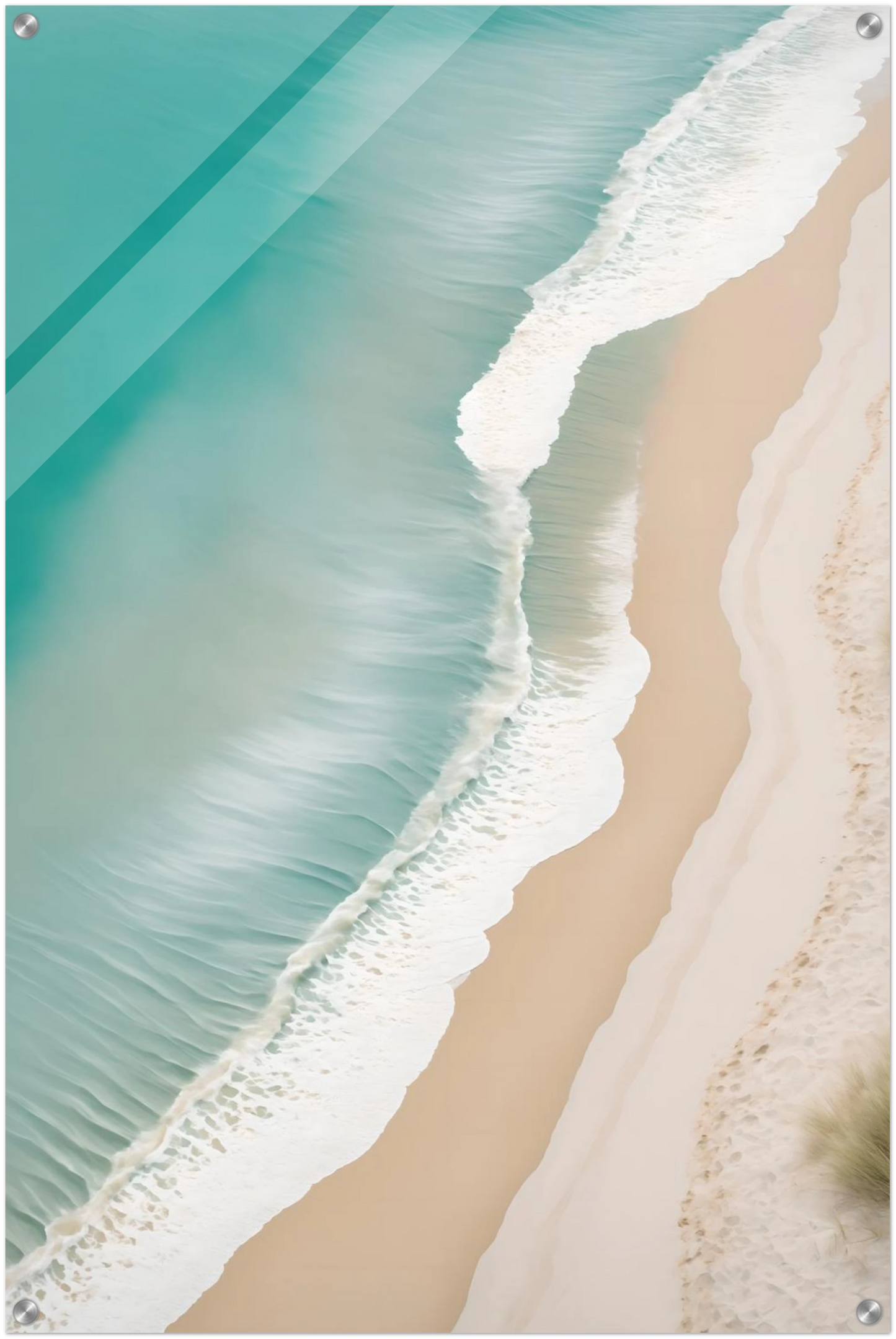 Traumhaftes Strand-Wandbild: Türkisfarbenes Meer und weißer Sand aus der Luftaufnahme. Minimalistisches Küsten-Design für Ihr Zuhause. Jetzt online kaufen! 60x90 cm. Acryl