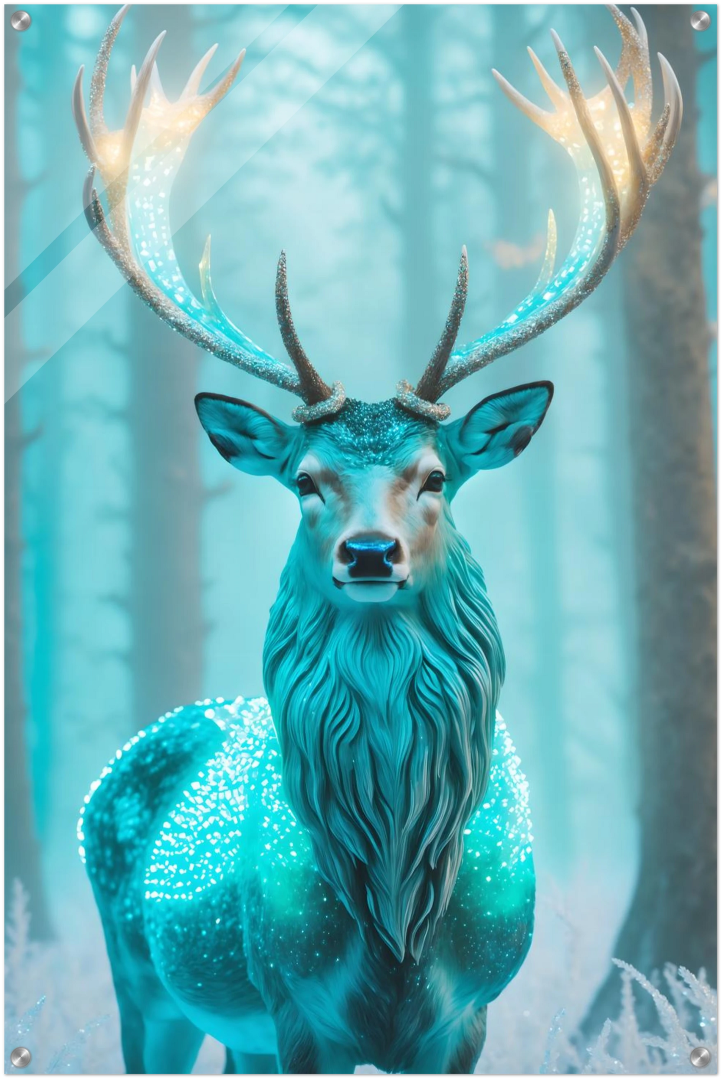Digitales Kunstwerk eines Hirsches mit einem hell leuchtenden, kristallinen Geweih in einem nebligen blauen Winterwald. 60x90 cm. Acryl