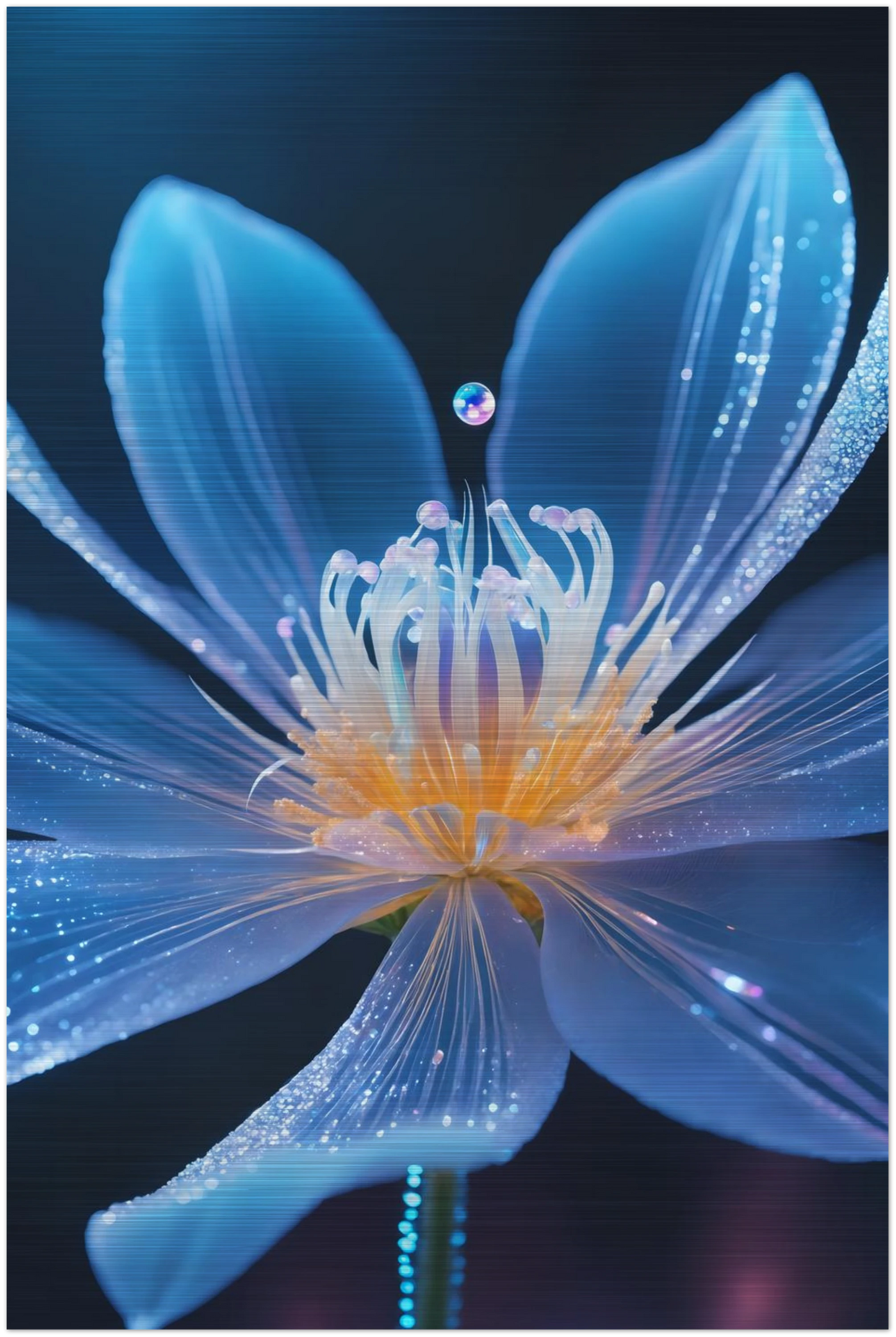 Digitales Wandbild einer blau leuchtenden Blüte mit goldenem Kern und schimmernden Lichtpartikeln auf dunklem Grund. 60x90 cm. Brushed
