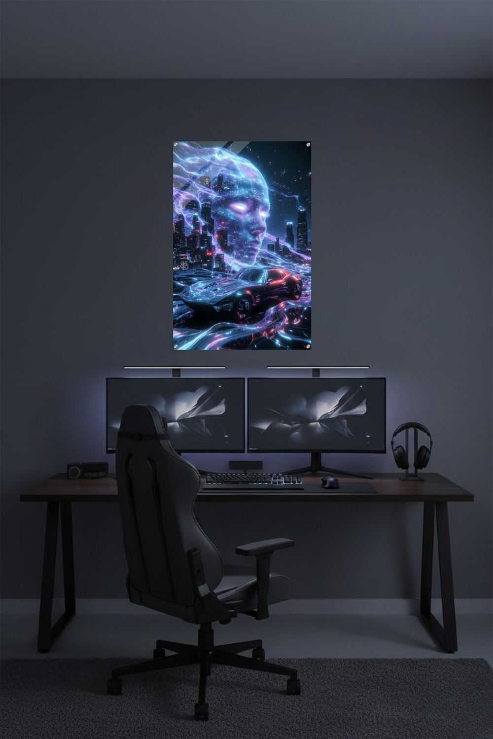 Cyberpunk-Wandbild mit einem Sportwagen auf leuchtenden Datenbahnen vor einer Skyline und dem digitalen Gesicht einer künstlichen Intelligenz. Acryl