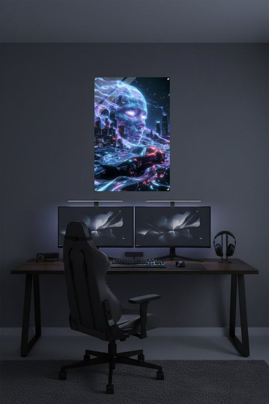 Cyberpunk-Wandbild mit einem Sportwagen auf leuchtenden Datenbahnen vor einer Skyline und dem digitalen Gesicht einer künstlichen Intelligenz. Acryl