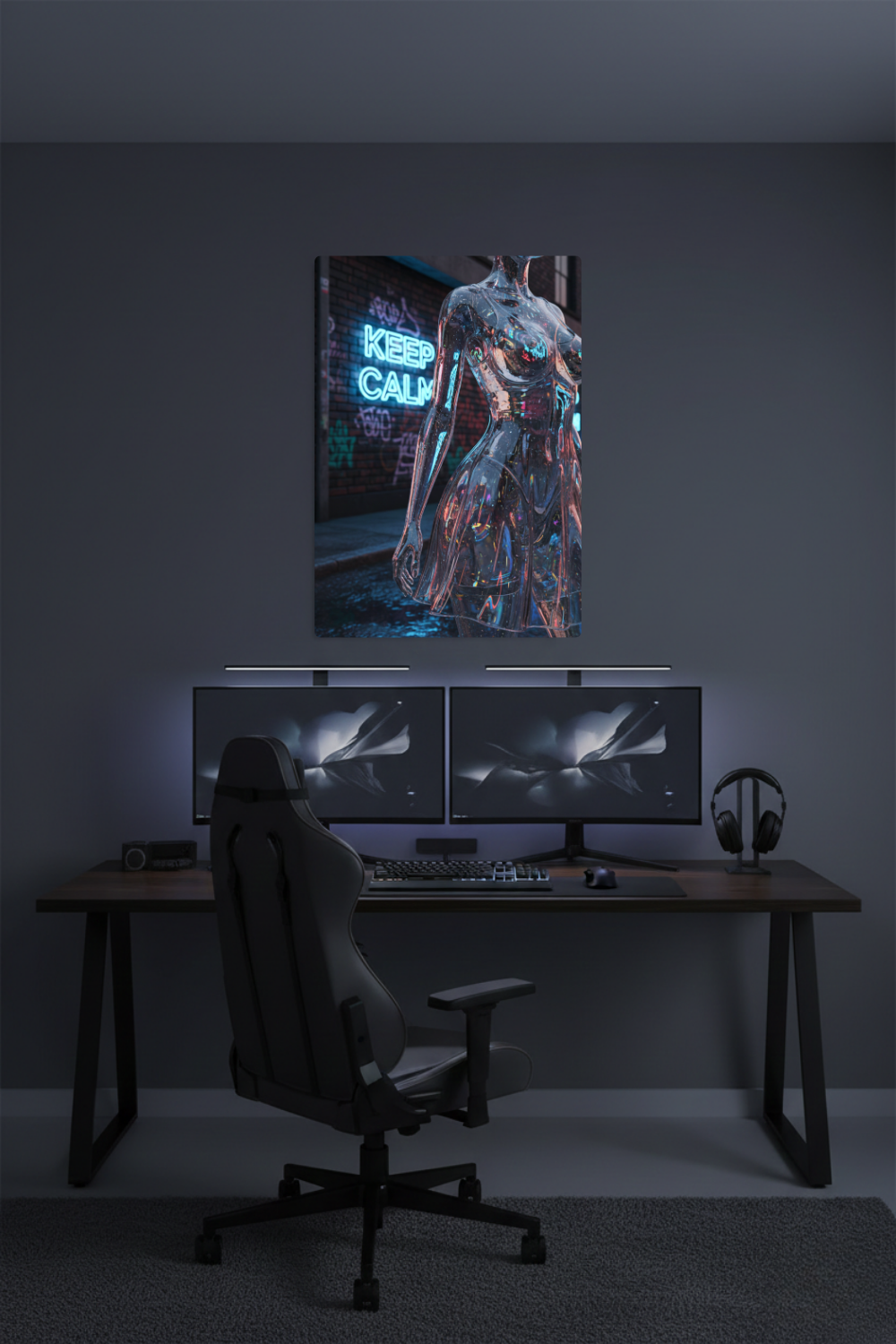 Wandbild einer transparenten Frauenfigur aus Glas vor einer Backsteinwand mit blauem 'Keep Calm' Neonschild. Acryl