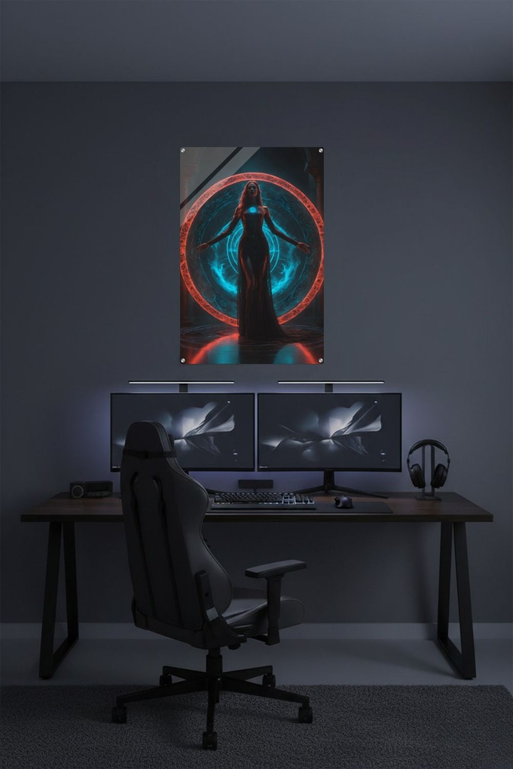 Mystisches Wandbild einer Frau in dunkler Robe vor einem glühenden rot-blauen Portal in einer dunklen Tempelhalle, Fantasy-Kunst-Stil. Acryl