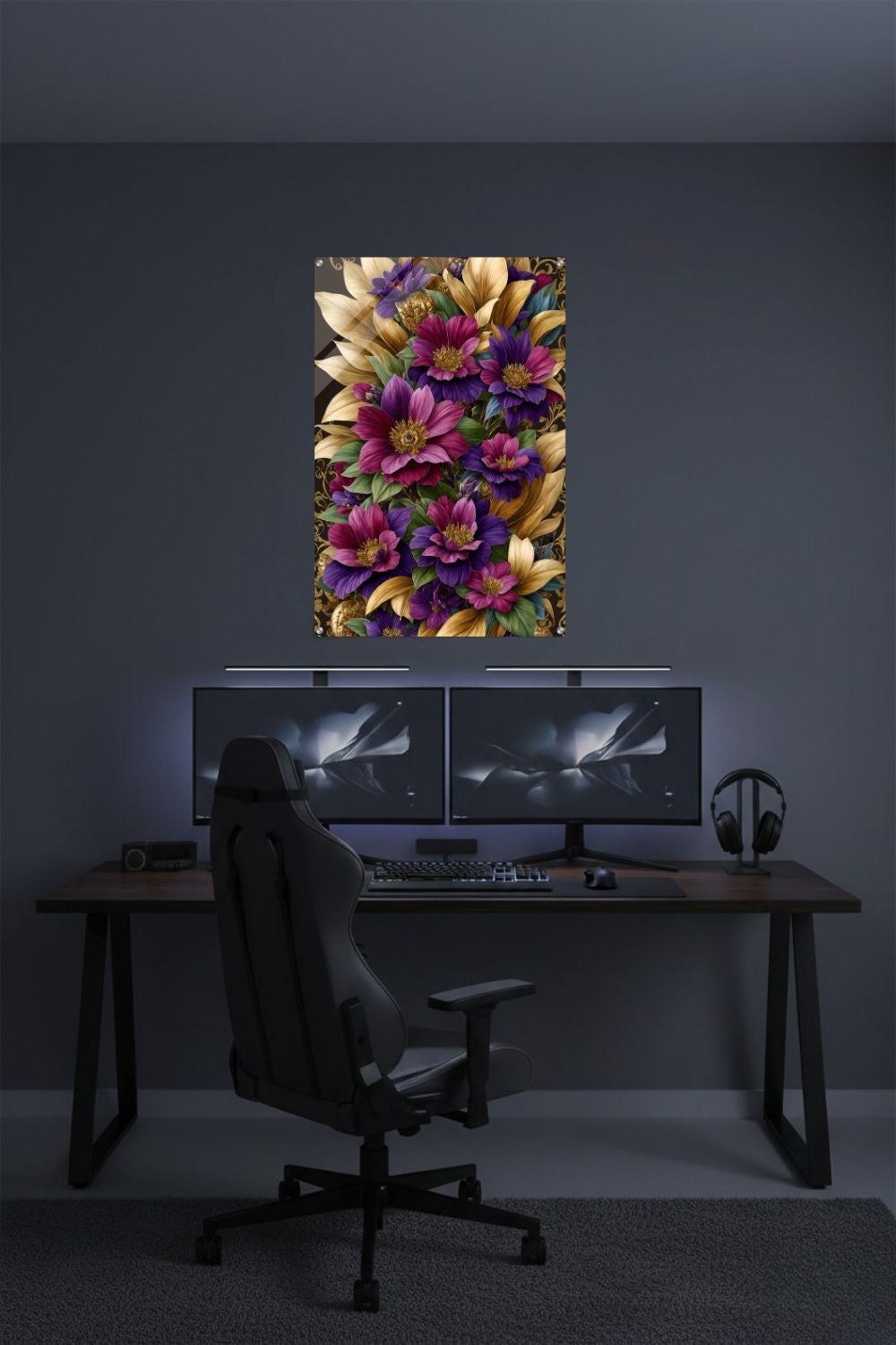 Florale Pracht trifft auf Luxus: „Imperial Blossom“ fasziniert durch goldene Blätter & violette Blüten. Jetzt als exklusives Wandbild bei Gudekind entdecken. Acryl