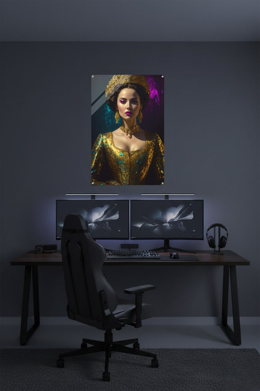 Digitales Porträt einer barocken Königin in Gold und Türkis mit deutlich sichtbaren, künstlerischen Glitch-Effekten und Pixelfehlern. Acryl