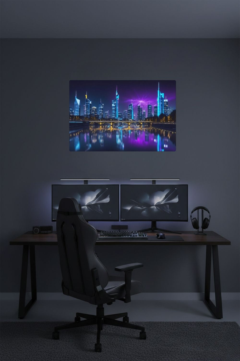 Futuristisches Wandbild der Frankfurter Skyline bei Nacht mit neonblauen Hochhäusern und violetten Lichtreflexionen auf dem Main. Dibond
