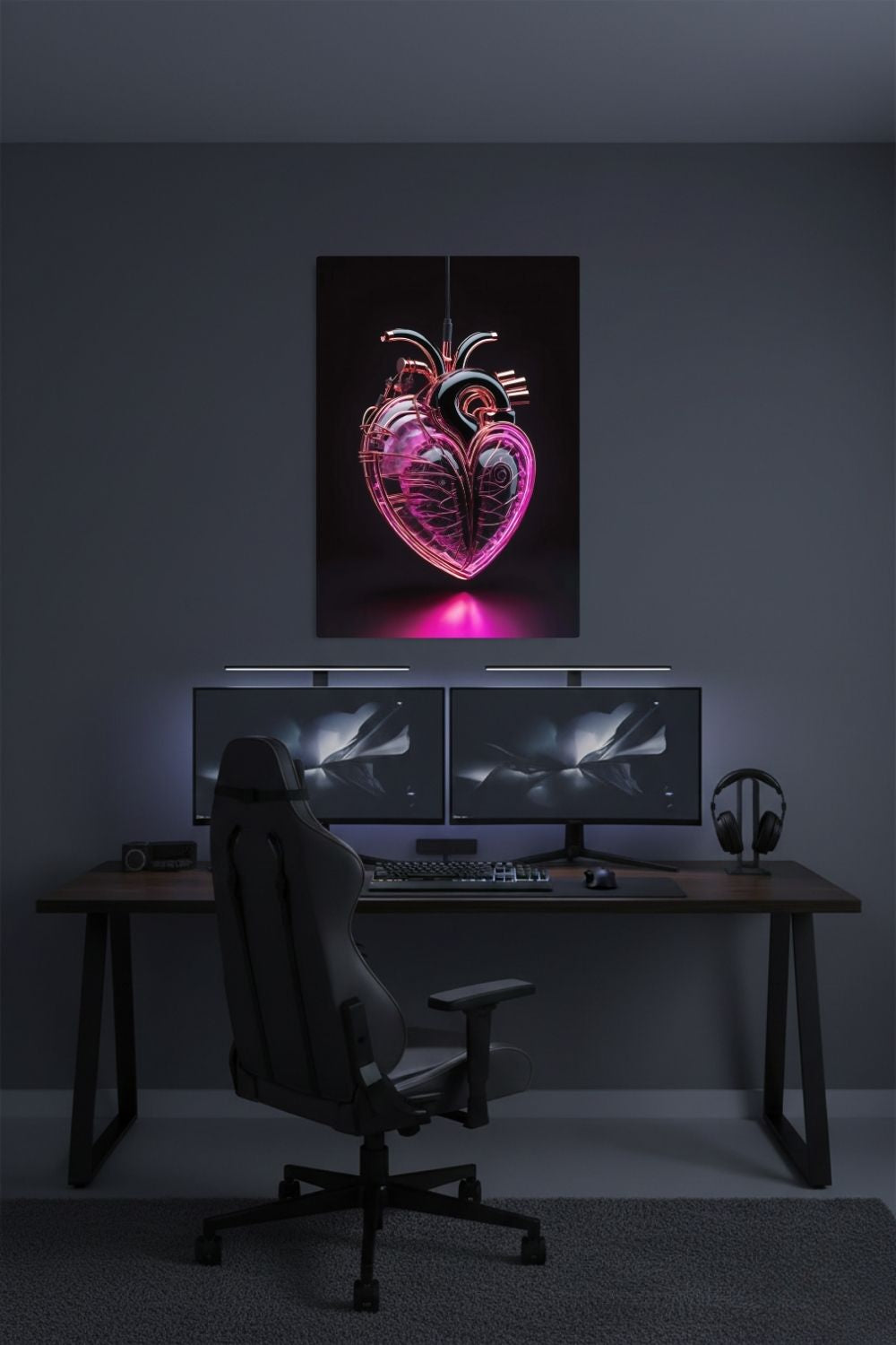 Digitales Kunstwerk eines anatomischen Herzens mit leuchtend pinken Neon-Strukturen und glänzenden schwarzen Oberflächen auf dunklem Grund. Dibond