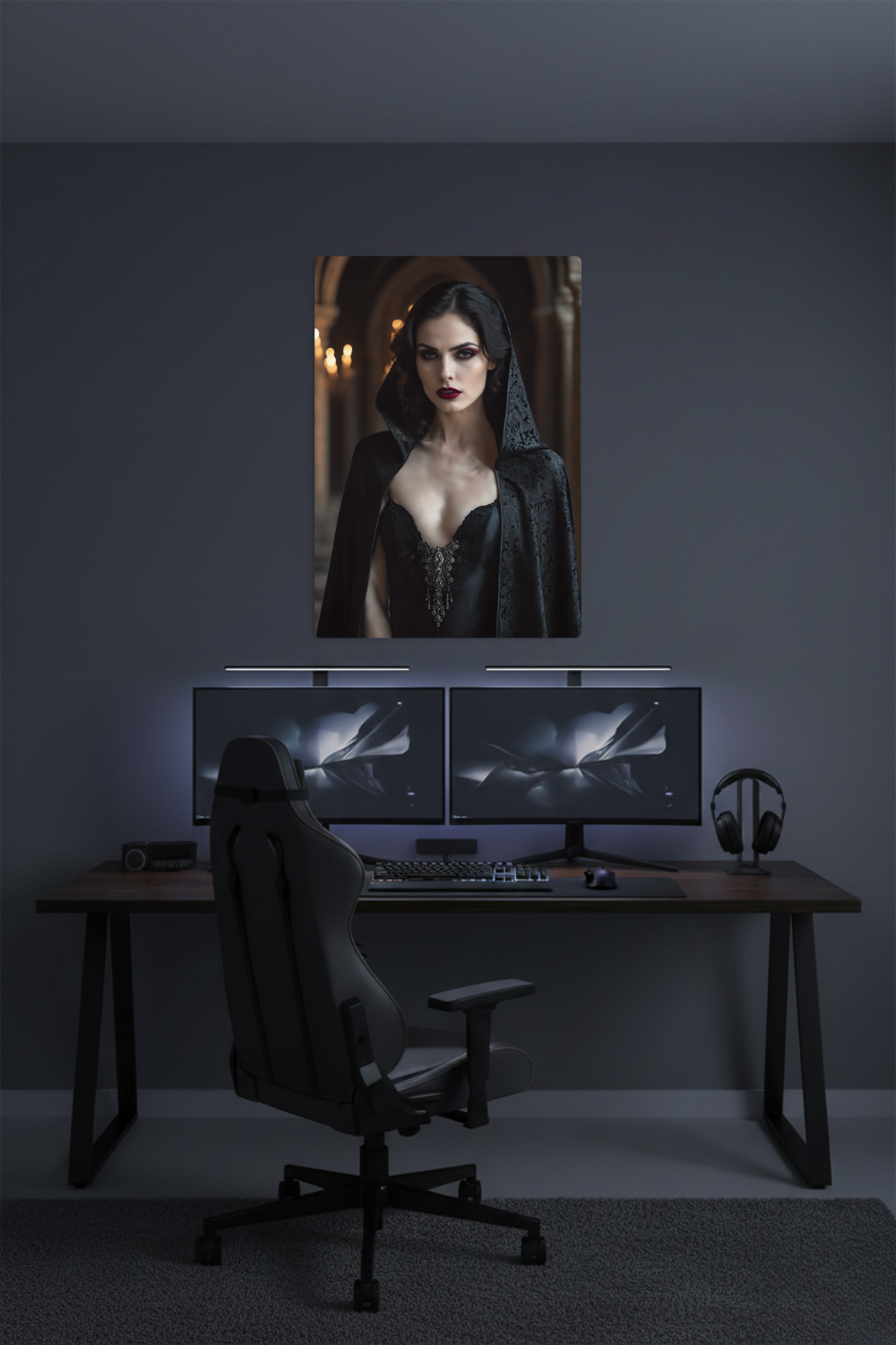 Hochwertiges Porträt einer Frau mit dunklen Haaren und roten Lippen, die einen schwarzen Spitzenumhang mit Kapuze vor einem Hintergrund mit brennenden Kerzen trägt. Acryl