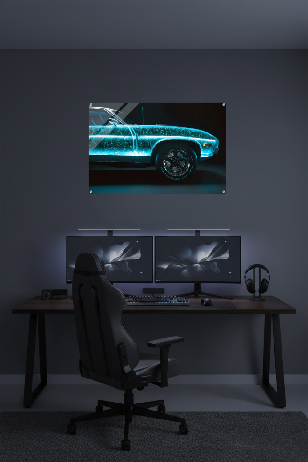 Tradition trifft Zukunft: „Neon Heritage“ zeigt ein klassisches Auto mit leuchtendem High-Tech-Kern. Einzigartiges Design für Technik-Fans bei Gudekind. Acryl