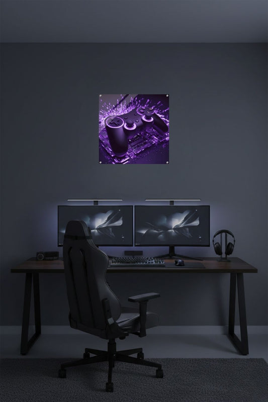 Modernes Gaming-Wandbild mit einem schwarzen Controller, der von violettem Neonlicht und Lichtpartikeln umgeben ist. Acryl