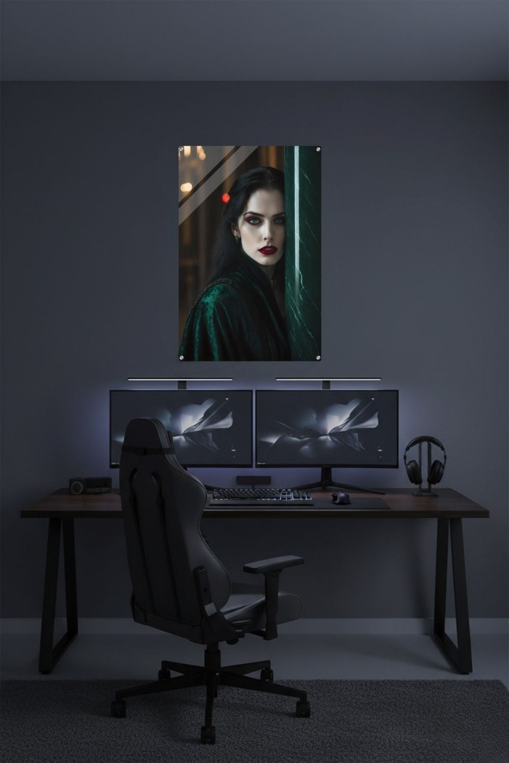 Aristokratisches Porträt einer Frau in grünem Samt an einer Marmorsäule mit roten Lippen. Acryl