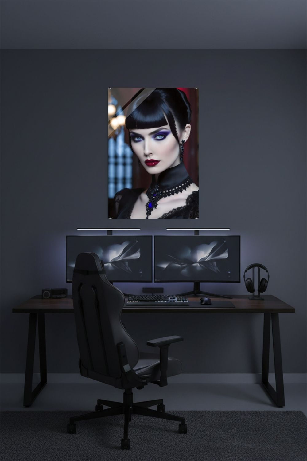 Nahaufnahme einer Frau mit kurzem Pony, lila Lidschatten, roten Lippen und schwarzem Schmuck mit blauen Edelsteinen. Acryl