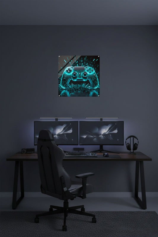 Futuristisches Wandbild eines transparenten Gaming-Controllers, der von innen heraus in hellem Cyan-Blau leuchtet, vor einem dunklen Hintergrund mit Lichteffekten. Acryl