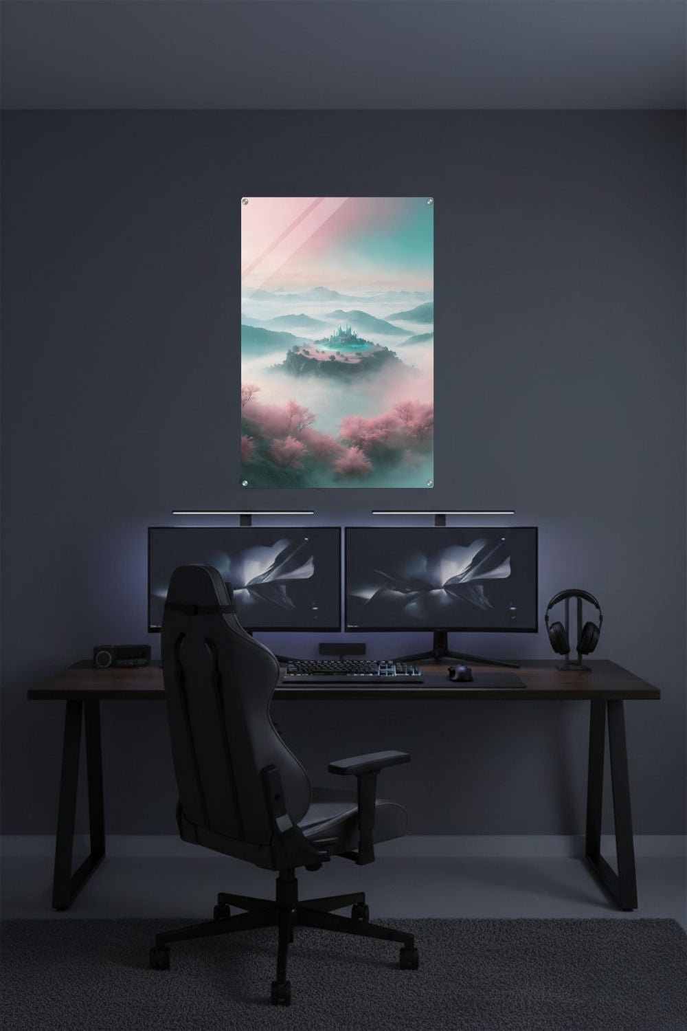 Ein Ort der Ruhe: „Celestial Sanctuary“ zeigt ein magisches Schloss über den Wolken in Rosé & Türkis. Exklusive Fantasy-Kunst für Ihr Zuhause bei Gudekind. Acryl