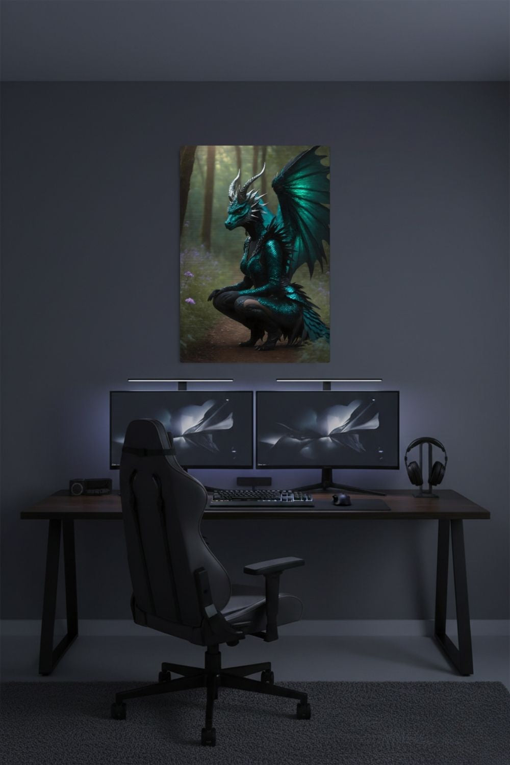 Detailreiches Fantasy-Wandbild einer knienden Frauengestalt mit smaragdgrüner Drachenhaut, Hörnern und großen Flügeln auf einem Waldweg Brushed