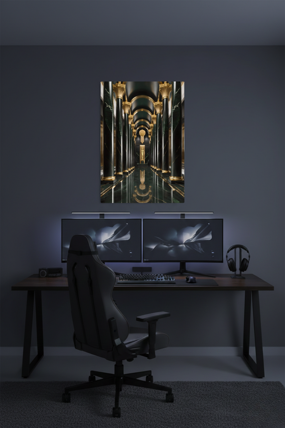 Maximale Opulenz: „Imperial Emerald Hall“ vereint grünen Marmor und goldenen Glanz in perfekter Symmetrie. Jetzt exklusive Premium-Kunst bei Gudekind entdecken. Dibond