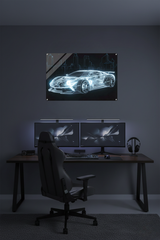 Futuristisches Wandbild eines transparenten, blau leuchtenden Supersportwagens in Blueprint-Optik vor einer skizzierten Stadt-Skyline. Acryl