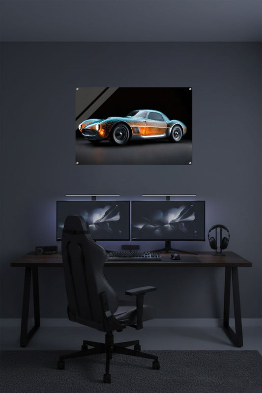 Digitales Kunstwerk eines klassischen Sportwagens mit einer transparenten, bernsteinfarbenen Karosserie und blauen Lichtreflexen. Acryl