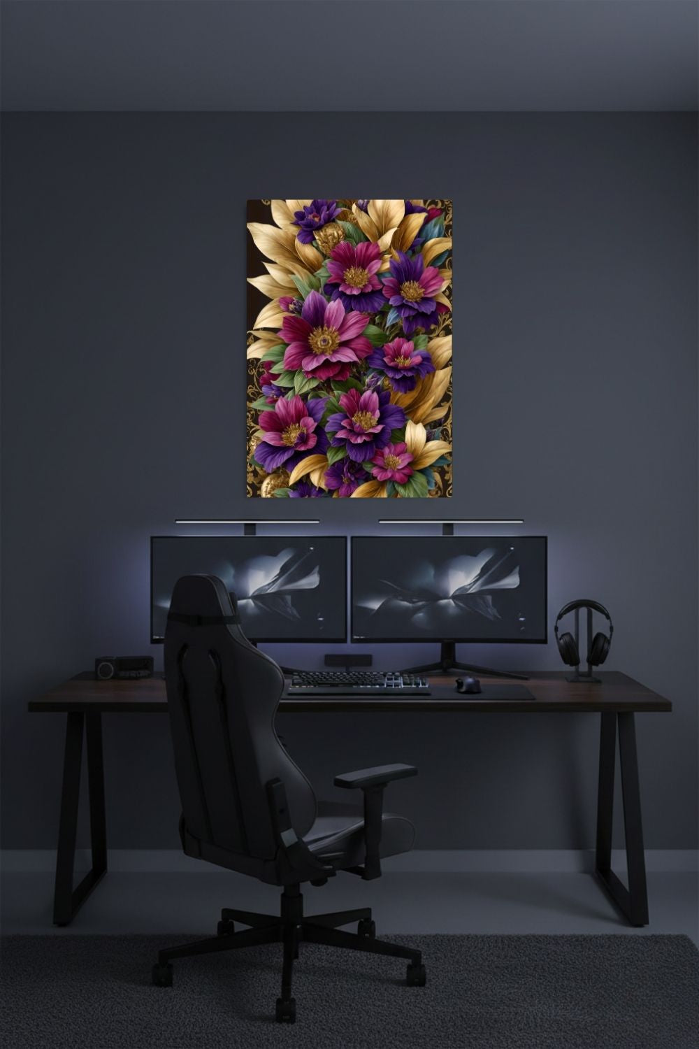 Florale Pracht trifft auf Luxus: „Imperial Blossom“ fasziniert durch goldene Blätter & violette Blüten. Jetzt als exklusives Wandbild bei Gudekind entdecken. Dibond