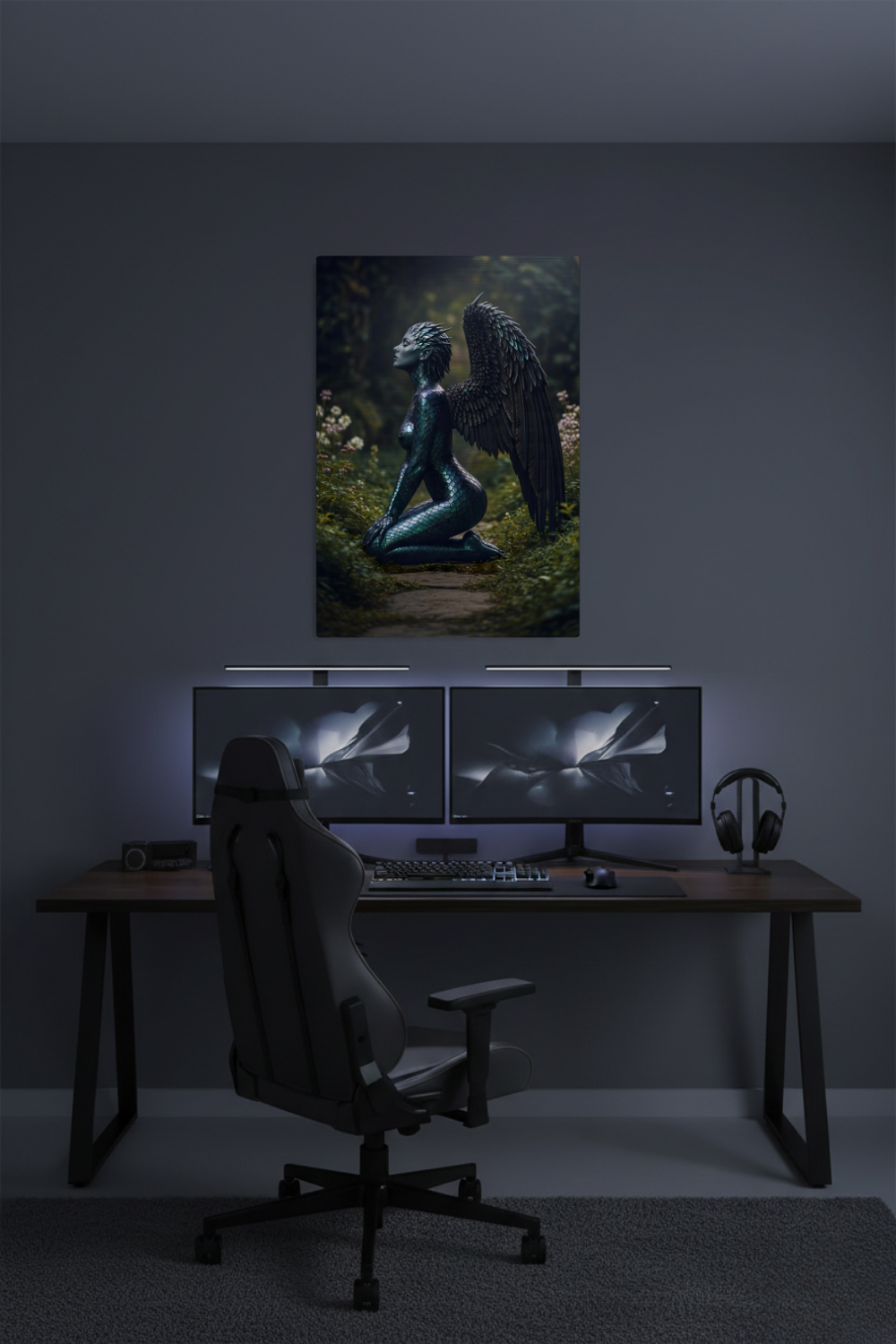 Detailreiches Porträt einer Frau, deren Haut an Wangen und Hals in grüne und goldene Drachenschuppen übergeht. Brushed