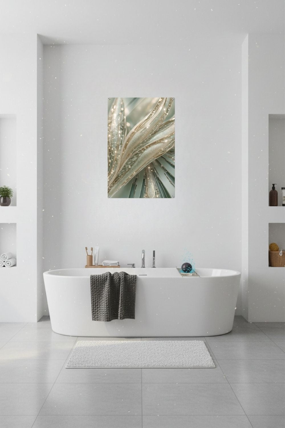 Abstraktes Kunstwerk mit organischen, cremefarbenen Strukturen, glitzernden Kristalldetails und weißen Perlen. Acryl