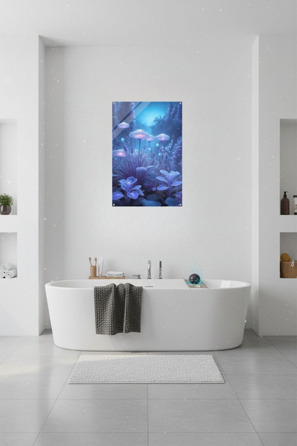 Digitales Kunstwerk einer fantastischen Waldlandschaft mit biolumineszenten, blau leuchtenden Pilzen und Blumen in sanftem Licht. Acryl