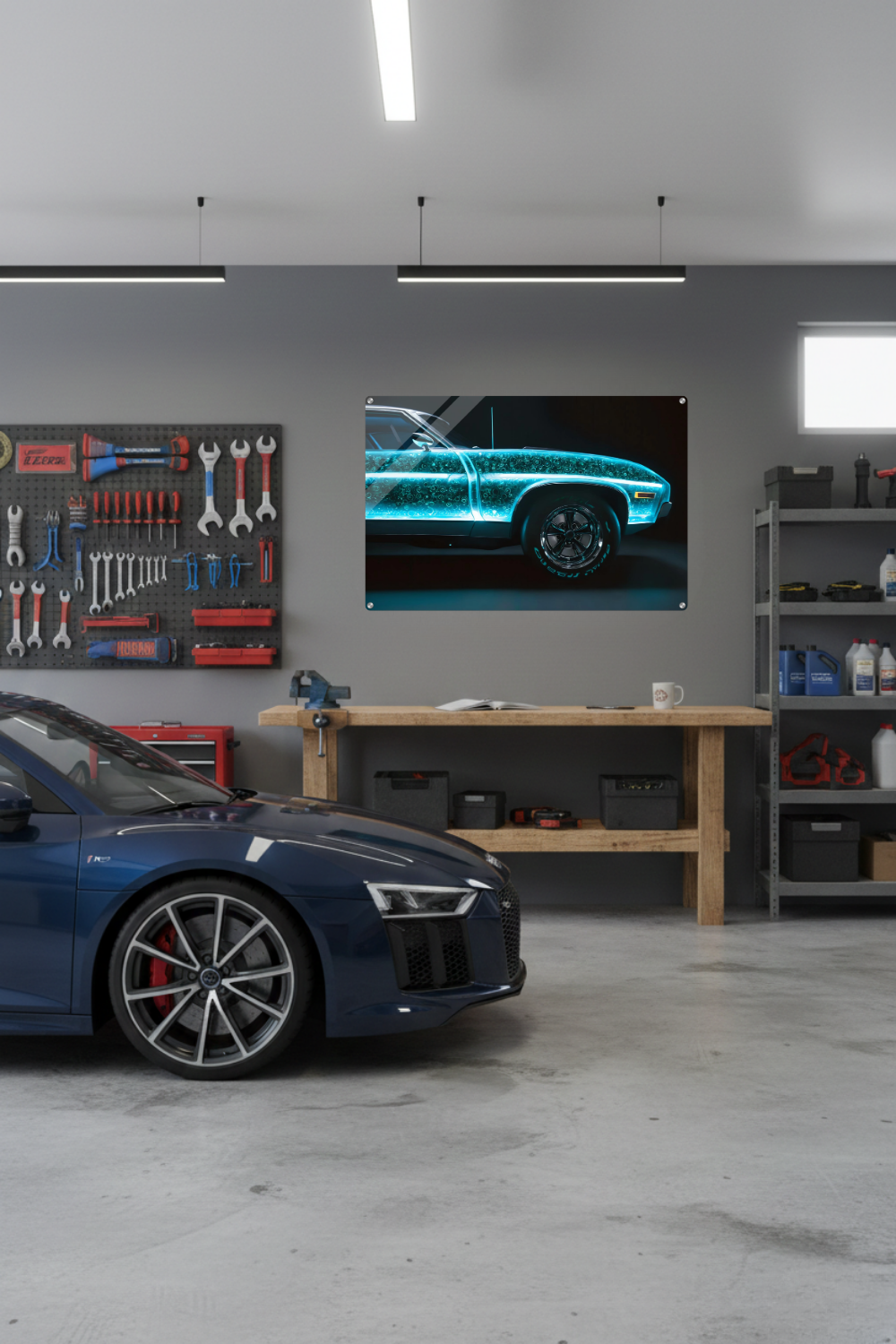 Tradition trifft Zukunft: „Neon Heritage“ zeigt ein klassisches Auto mit leuchtendem High-Tech-Kern. Einzigartiges Design für Technik-Fans bei Gudekind. Acryl