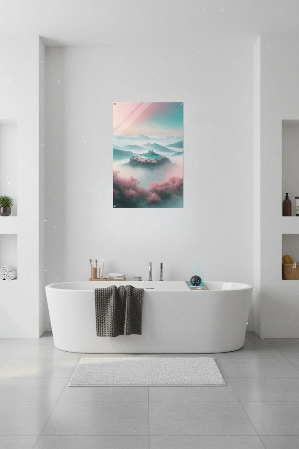 Ein Ort der Ruhe: „Celestial Sanctuary“ zeigt ein magisches Schloss über den Wolken in Rosé & Türkis. Exklusive Fantasy-Kunst für Ihr Zuhause bei Gudekind. Acryl