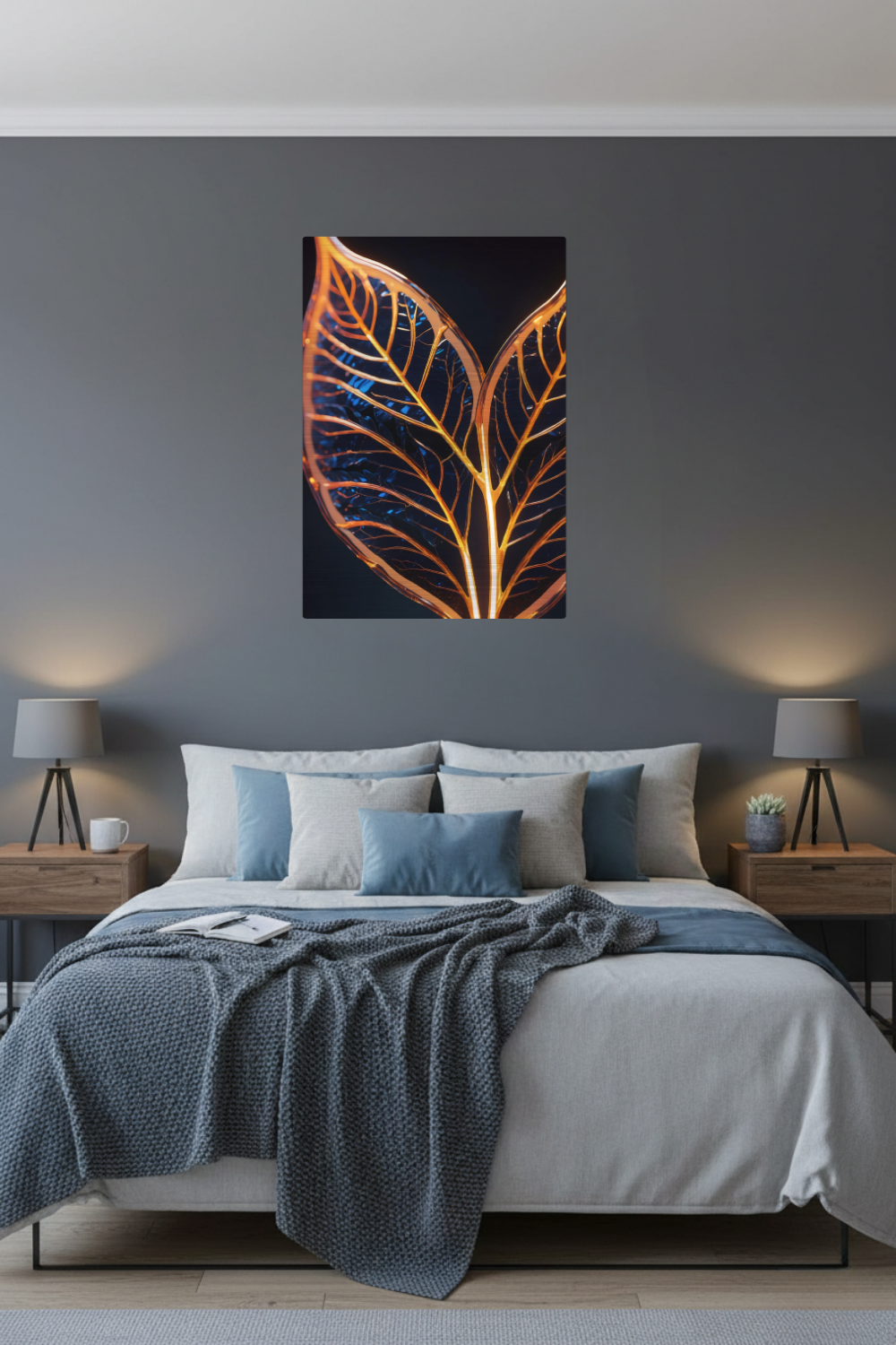 Abstraktes Wandbild mit einer großen goldenen Feder inmitten von fließenden Farbwirbeln in Smaragdgrün und Magenta. Brushed