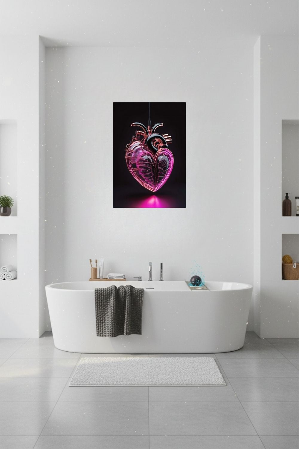 Digitales Kunstwerk eines anatomischen Herzens mit leuchtend pinken Neon-Strukturen und glänzenden schwarzen Oberflächen auf dunklem Grund. Dibond