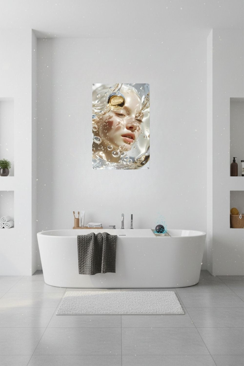 Surreales Porträt einer Frau hinter klarem Wasser mit vielen aufsteigenden Luftblasen, Wassertropfen und hellen Lichtreflexen. Acryl