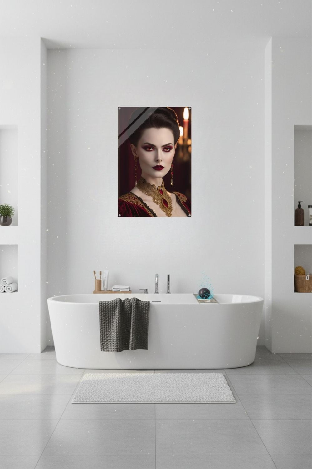 Elegantes Porträt einer Frau im aristokratischen Stil mit roten Augen, rotem Samtkleid und opulentem Goldschmuck vor einem dunklen Hintergrund. Acryl