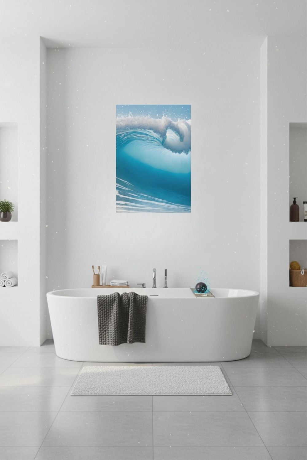 Hochwertiges Wandbild einer großen, brechenden Meereswelle in hellem Türkis mit weißer Gischt unter klarem Himmel. Dibond