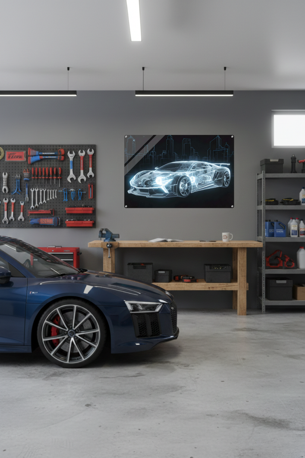 Futuristisches Wandbild eines transparenten, blau leuchtenden Supersportwagens in Blueprint-Optik vor einer skizzierten Stadt-Skyline. Acryl