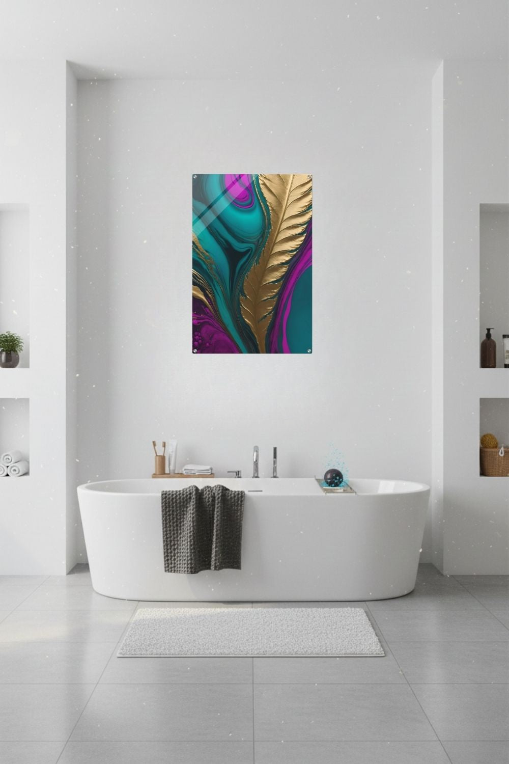 Abstraktes Wandbild mit einer großen goldenen Feder vor einem Hintergrund aus flüssigen Farbverläufen in Türkis, Blau und Magenta. Acryl