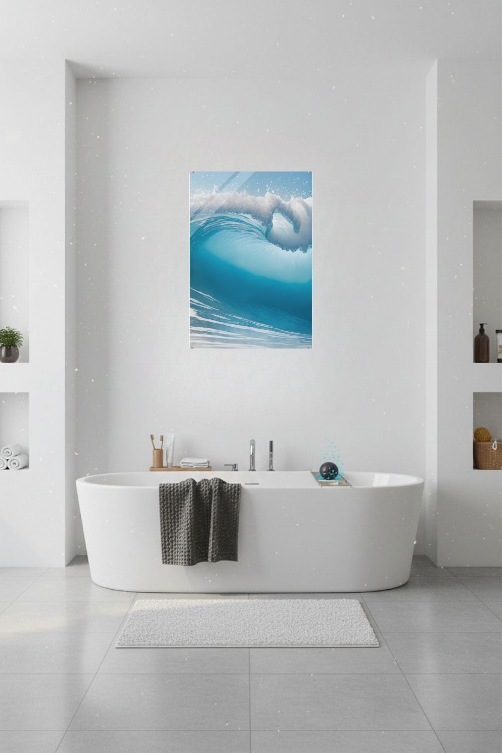 Hochwertiges Wandbild einer großen, brechenden Meereswelle in hellem Türkis mit weißer Gischt unter klarem Himmel. Acryl