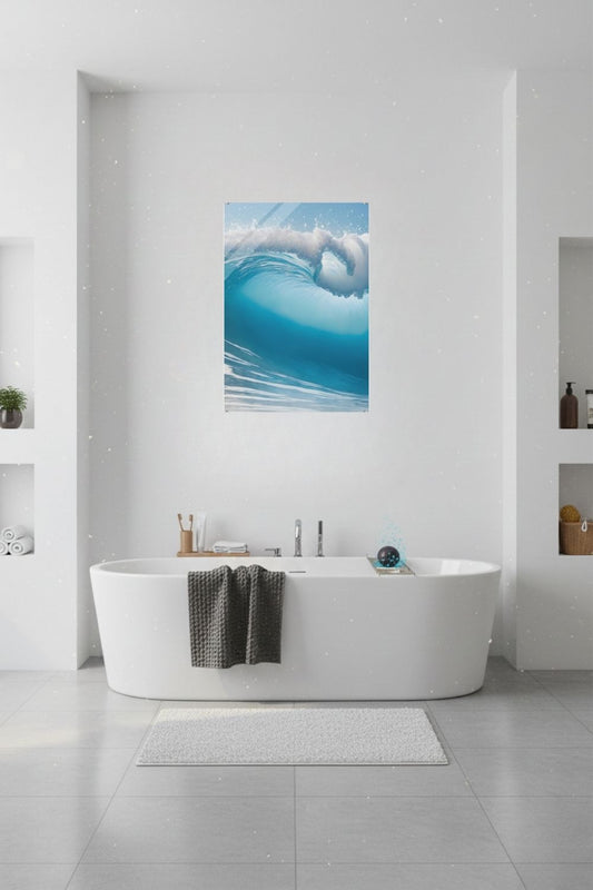 Hochwertiges Wandbild einer großen, brechenden Meereswelle in hellem Türkis mit weißer Gischt unter klarem Himmel. Acryl