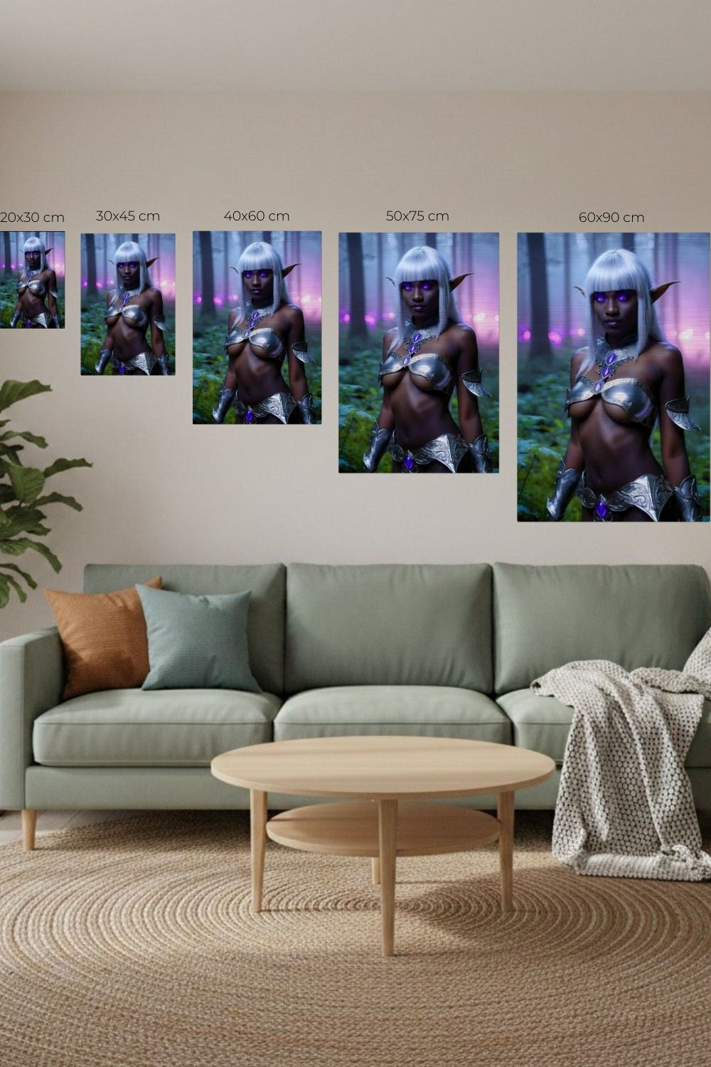 Mystisches Porträt einer Dunkelelfin mit platinweißem Haar, leuchtend violetten Augen und einer silbernen Rüstung in einem nebligen Wald. Brushed