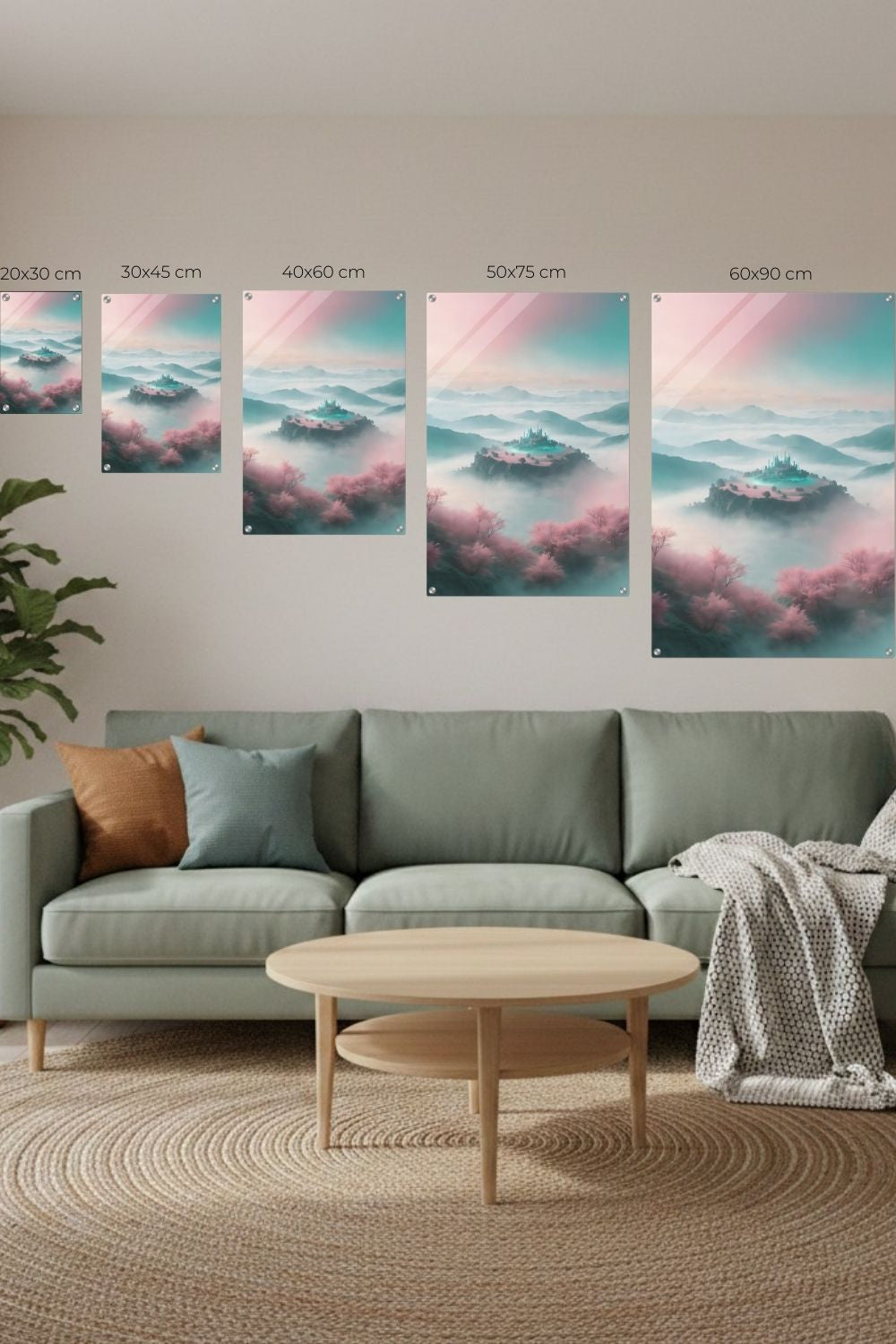 Ein Ort der Ruhe: „Celestial Sanctuary“ zeigt ein magisches Schloss über den Wolken in Rosé & Türkis. Exklusive Fantasy-Kunst für Ihr Zuhause bei Gudekind. Acryl