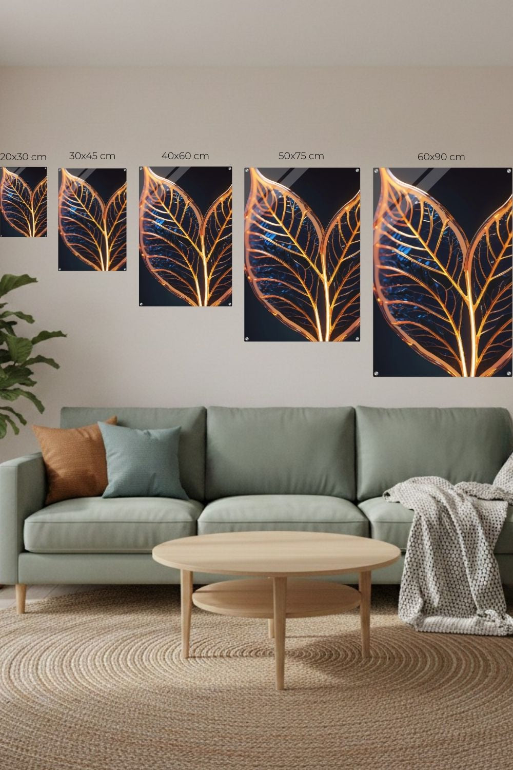 Abstraktes Wandbild mit einer großen goldenen Feder inmitten von fließenden Farbwirbeln in Smaragdgrün und Magenta. Acryl