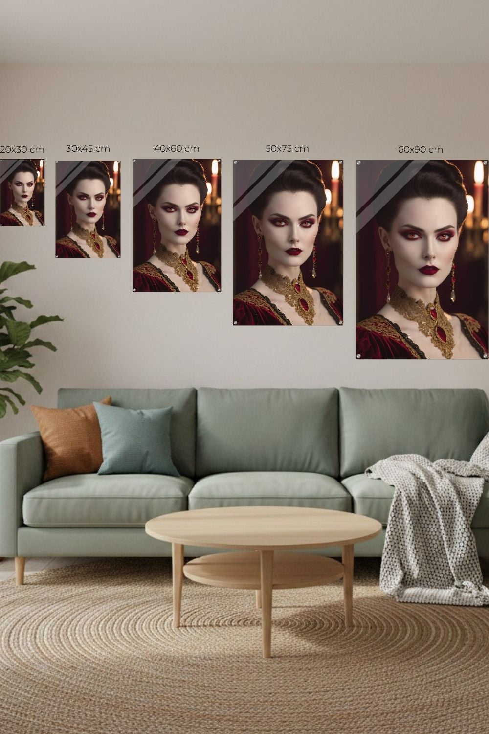 Elegantes Porträt einer Frau im aristokratischen Stil mit roten Augen, rotem Samtkleid und opulentem Goldschmuck vor einem dunklen Hintergrund. Acryl