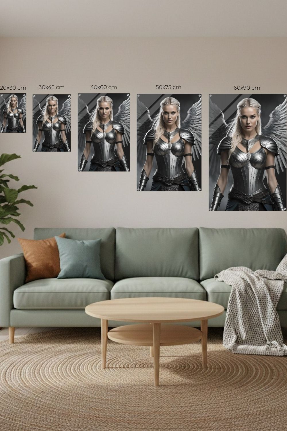 Cineastisches Fantasy-Wandbild einer majestätischen Walküre in glänzender Silberrüstung mit großen, detaillierten Metallflügeln vor dunklem Hintergrund. Acryl