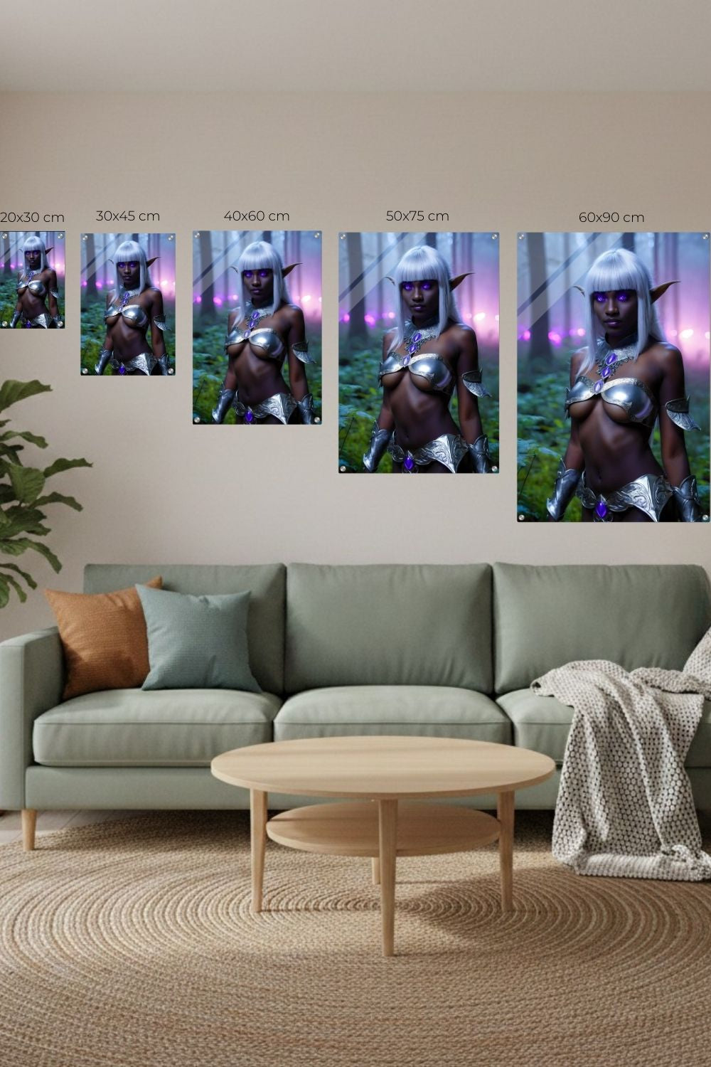 Mystisches Porträt einer Dunkelelfin mit platinweißem Haar, leuchtend violetten Augen und einer silbernen Rüstung in einem nebligen Wald. Acryl