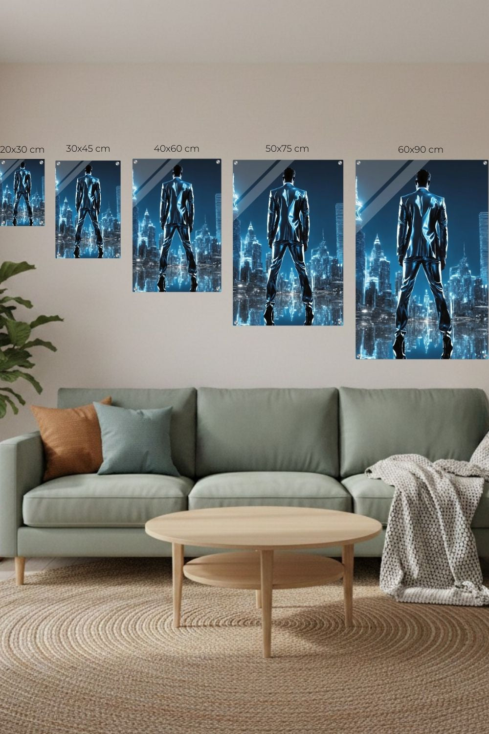 Erfolg visualisiert: „Liquid Ambition“ zeigt einen Mann in Metall-Optik vor einer strahlenden Skyline. Kraftvolle Kunst für Ihr Büro bei Gudekind. Acryl