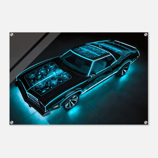Digitales Kunstwerk eines schwarzen Muscle Cars mit leuchtend türkisen Neon-Umrisslinien und beleuchtetem Motor. 60x90 cm. Acryl