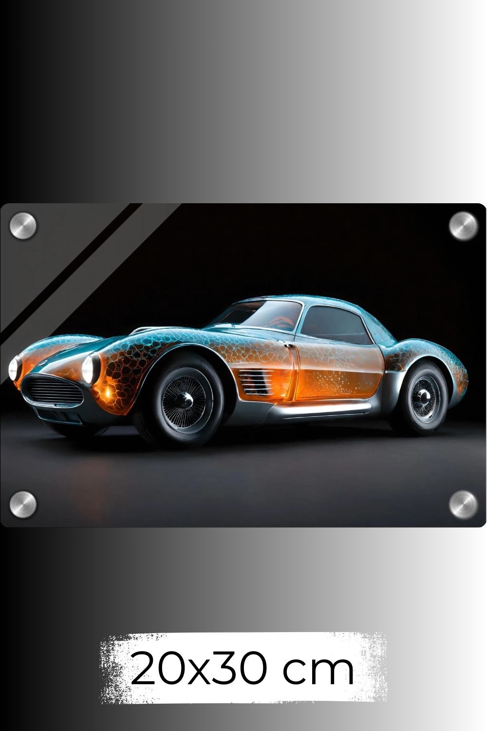 Digitales Kunstwerk eines klassischen Sportwagens mit einer transparenten, bernsteinfarbenen Karosserie und blauen Lichtreflexen. Acryl 20x30 cm
