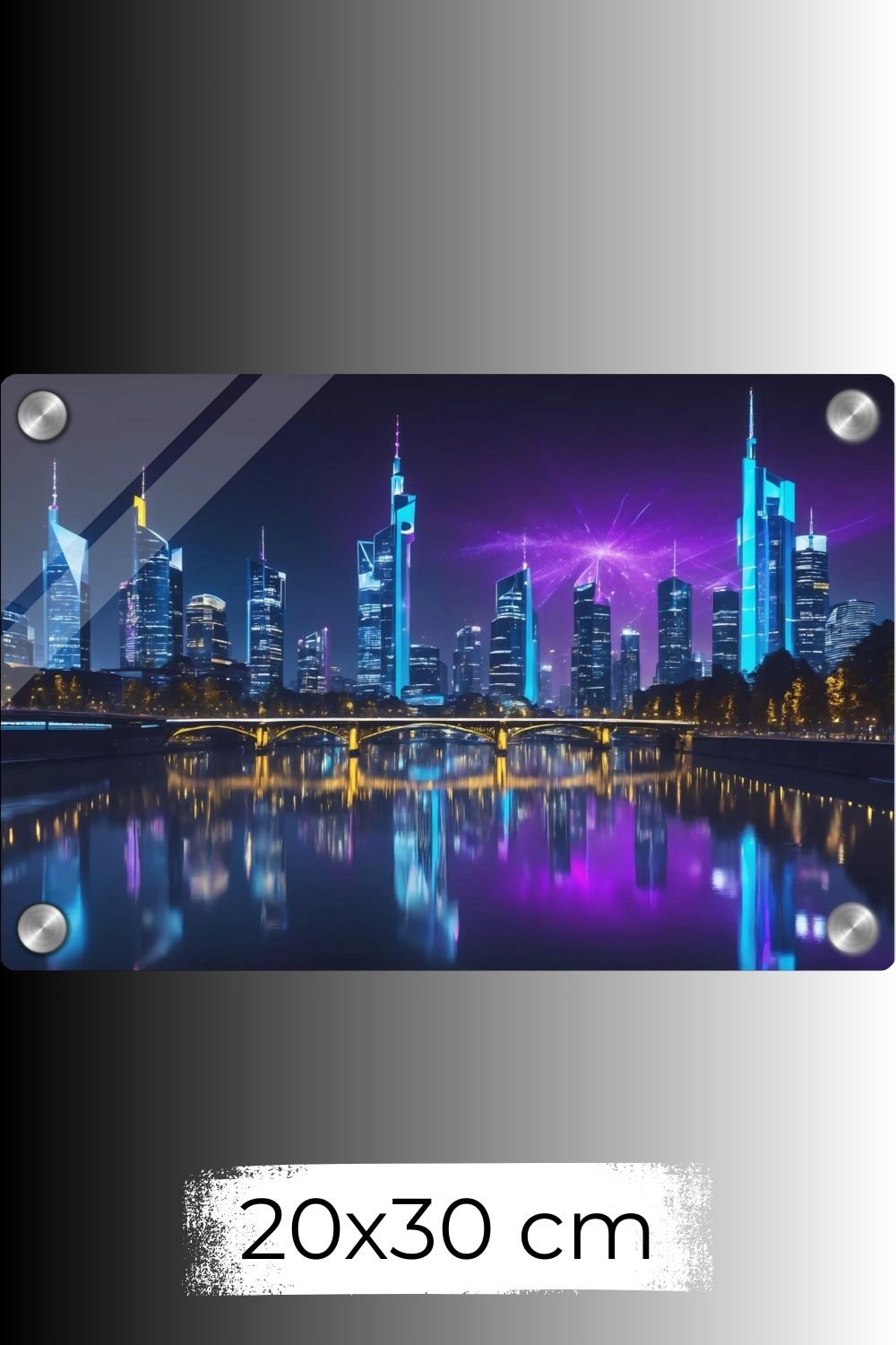 Futuristisches Wandbild der Frankfurter Skyline bei Nacht mit neonblauen Hochhäusern und violetten Lichtreflexionen auf dem Main. Acryl  20x30 cm